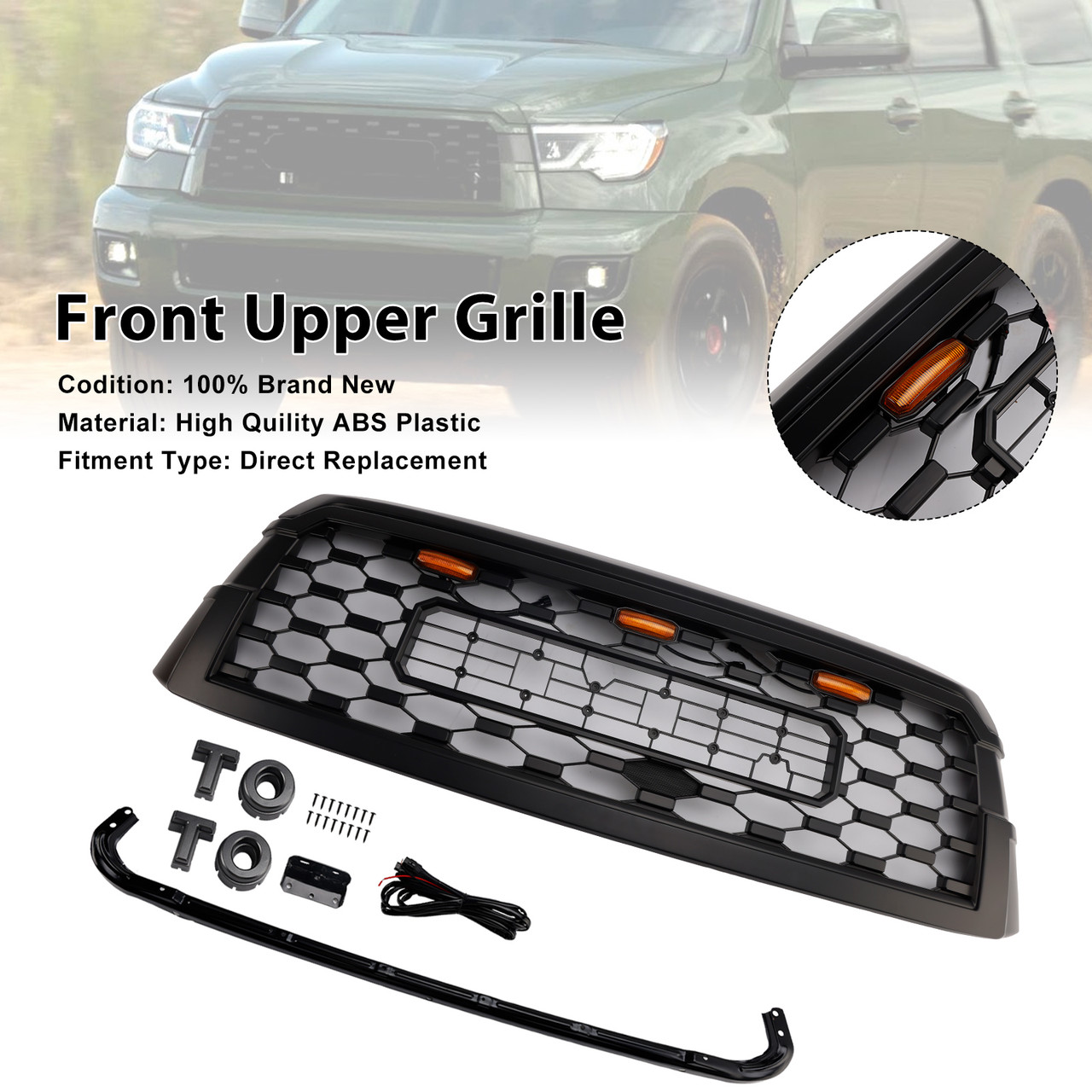 2019-2021 Toyota Sequoia With Led Light Front Bumper Grille Black Generic