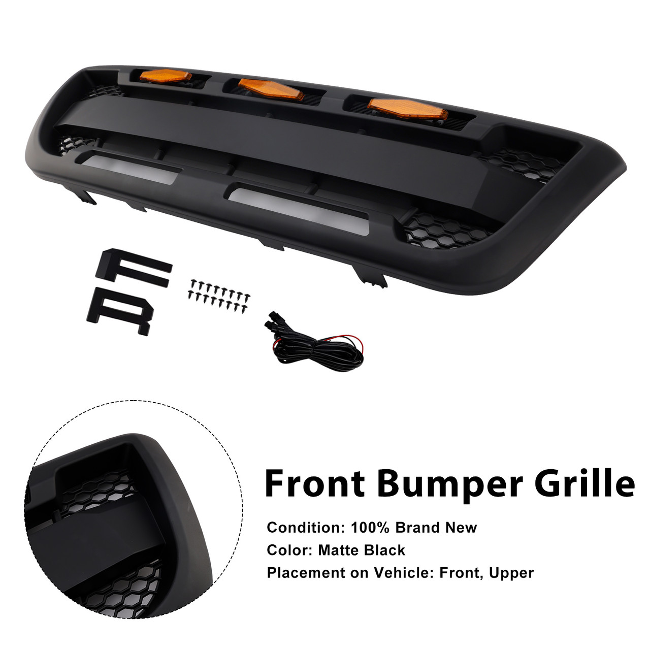 1998-2000 Ford Ranger Front Bumper Grille With Led Light Matte Black Generic