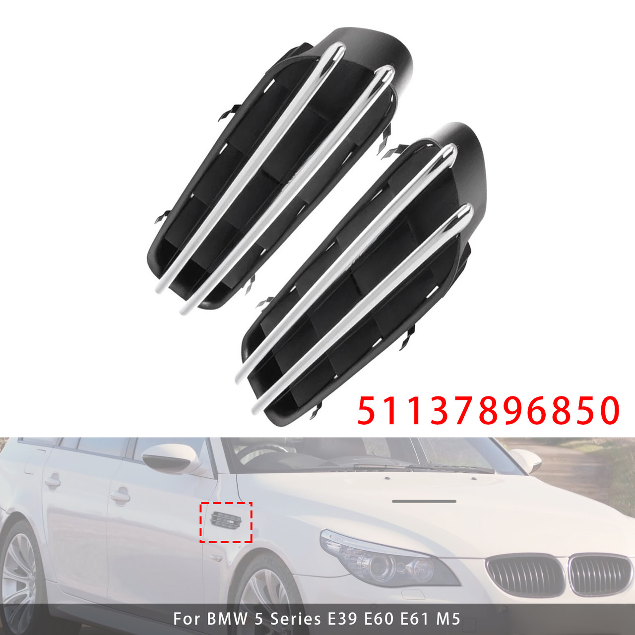 BMW 5 Series E39 E60 E61 M5 Pair Wing Fender Grille Cover Panel 51137896850 Generic