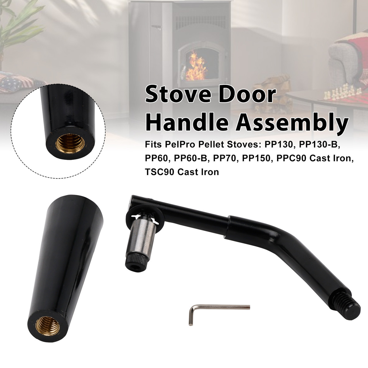 Threaded Door Handle Assembly for PelPro Stoves PP60 PP70 PP130 PP150 PPC90 TSC90, Quadra-Fire Stoves Outfitter-I/II, Pleasant Hearth Stoves PH35PS PH50CABPS PH50PS # SRV7093-024D