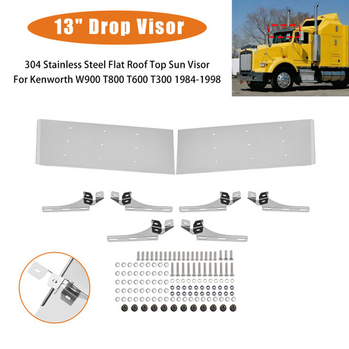 1984-1998 Kenworth W900 T800 T600 T300 13" Drop Visor 304 Stainless Steel Flat Roof Top Sun Visor Generic