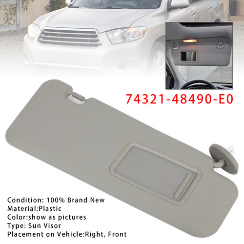 2008-2013 Toyota Highlander Gray Right Side Sun Visor 74321-48490-E0 Generic