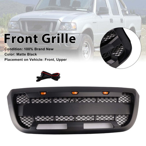 Matt Black Front Bumper Grille Grill Fit Ford Ranger 2004-2011 With LED Light