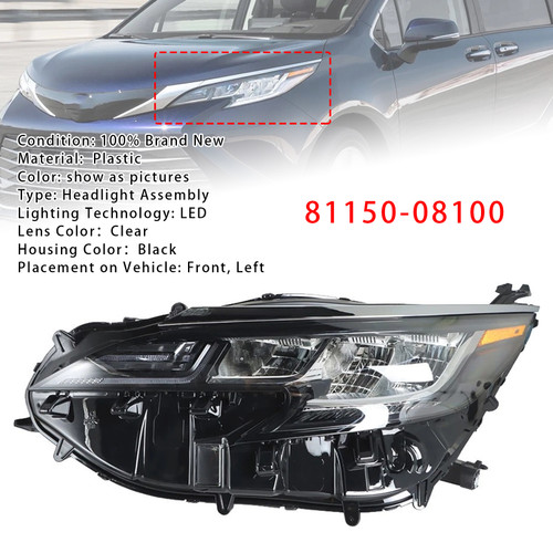 Left LED Headlight Assembly LED 81150-08100 For Toyota Sienna LE XLE 2021-2022