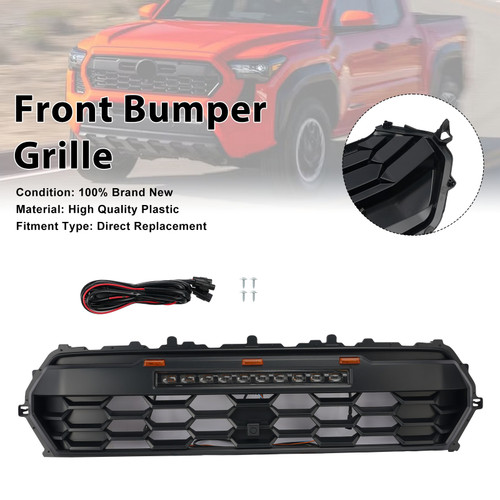 Black Front Bumper Grille Grill Fit Toyota Tacoma 2024+ With Led & Light Bar