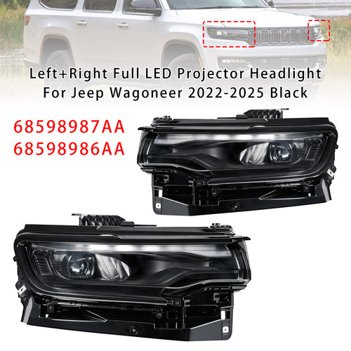 Left+Right Full LED Projector Headlight For Jeep Wagoneer 2022-2025 Black