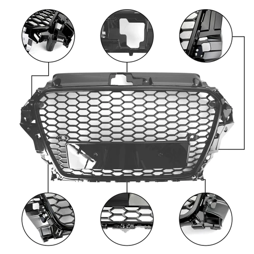 RS3 Style Front Hood Henycomb Bumper Grille Grill Fit Audi A3 S3 2013-2016 Black
