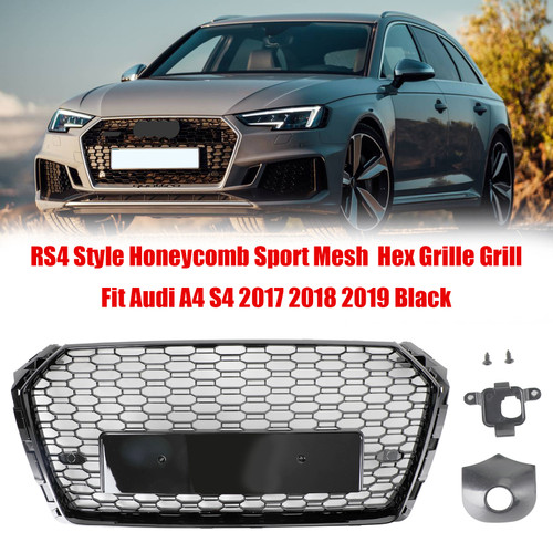 RS4 Style Honeycomb Mesh Hex Grille Grill Fit Audi A4/S4 B9 2017-2019 Black