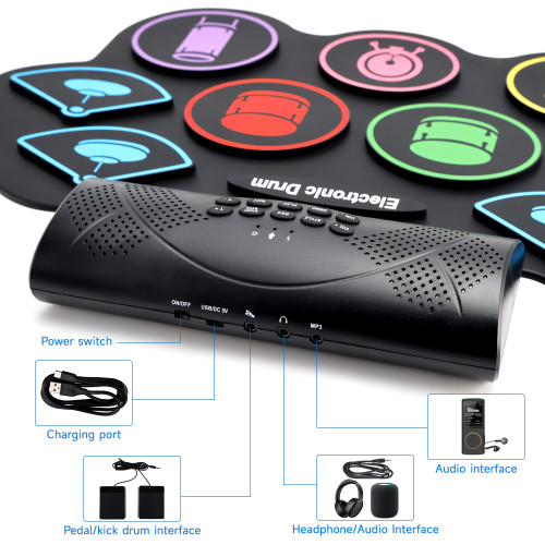 Hand Roll Drum Practice Set 9Pad Drum Set Built-in Stereo Speakers Birthday Gift