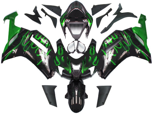Amotopart Fairings Kawasaki ZX6R ZX636 Black & Green Flame Ninja Racing  (2007-2008)