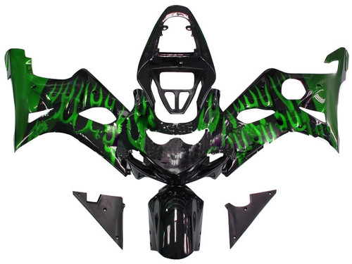 Amotopart Fairings Suzuki GSXR 1000 Black & Green Flame Racing  (2000-2002)