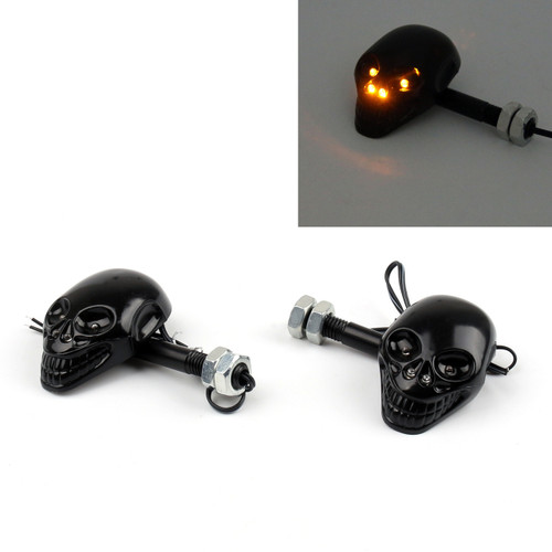 Skull Skeleton Head LED Indicators Turn Signals Universal Fit Custom Chopper, Black