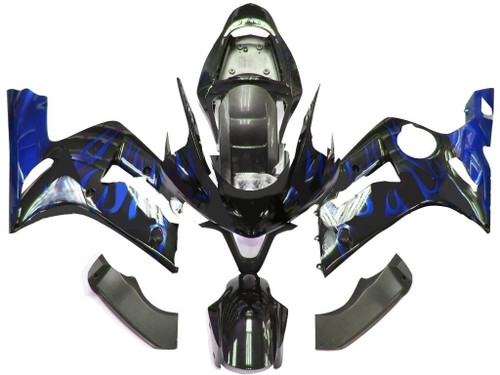 Amotopart Fairings Kawasaki ZX6R 636 Black & Blue Flame Ninja Racing  (2003-2004)