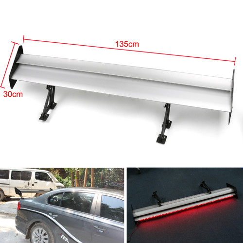 Double Deck GT Aluminum Rear Trunk Wing Racing Spoiler With Red Light, Silver #G1