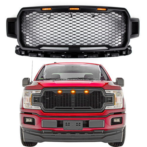 LED Grille Repalcement Upper ABS Grill For Ford F150 2018-2019 Black Amber With Logo