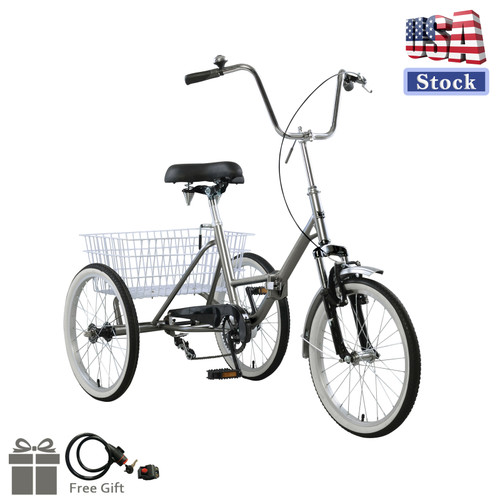 Adult Folding Tricycle Bike 3 Wheeler Bicycle Portable Tricycle 20" Wheels Gray (Lock + Pump)