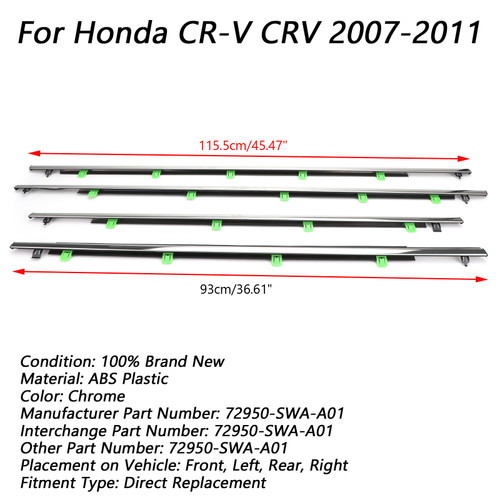 4x Car Window Moulding Trim Weatherstrips Seal For Honda CR-V CRV 2007-2011