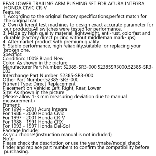 Trailing Arm Bushings 52385-SR3-000 2PCS For Acura Integra 94-01 Honda Civic 88-00 CR-V 97-01 CRX 88-91 Del-Sol 93-97
