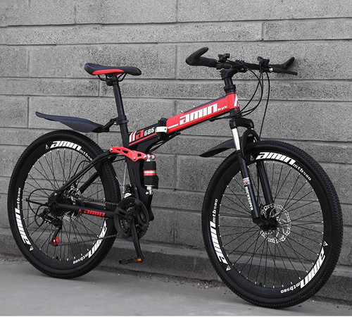 Adult 26 inch Folding Mountain Bike 21 Speed Bicycle Full suspension MTB Black+Red