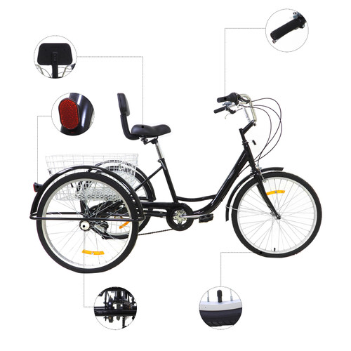 7 Speed 24" Adult 3-Wheel Tricycle Cruise Bike Bicycle With Basket (Pump + Lock) Black