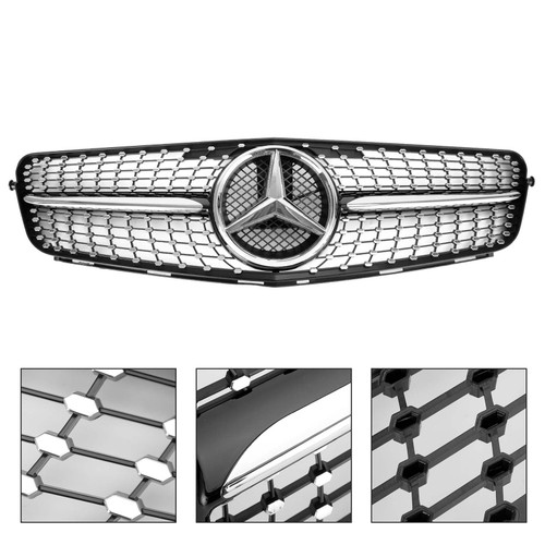 08-14 C-Class Benz W204 C300 C350 Diamond Front Bumper Grille Grill w/LED