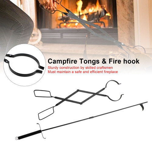 2PC Hearth Tool Fireplace Set Fire Tools Set Campfire Tongs Fire hook Black
