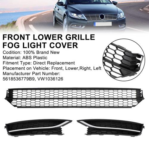 12-15 Volkswagen Passat Front Lower Grille + Fog Light Cover W/O Hole Combo Set