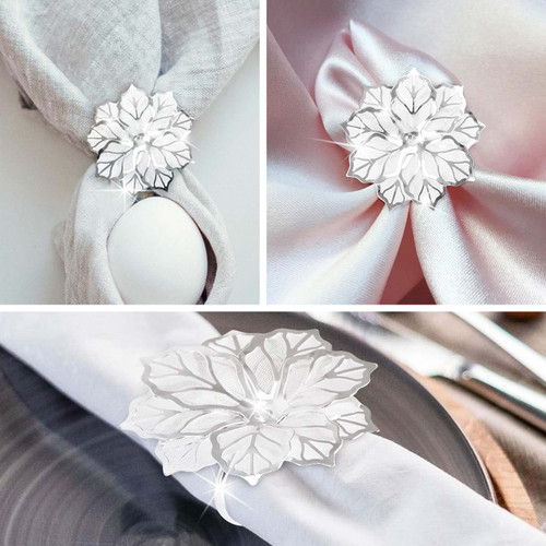 12PCS Napkin Rings w/ Hollow Out Flower Napkin Holder Adornmen Stainless Steel