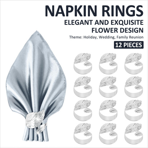 12PCS Silver Napkin Rings Leaf Napkin Holder Adornmen Alloy