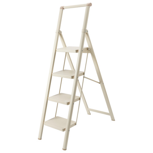 4 Step Ladder, Foldable Step Stools for Adults with Wide Anti-Slip Pedal, 330.7 lbs (150 kg)，Lightweight Sturdy Steel Ladder,Convenient Handgrip,Portable Folding Ladder for Home Kitchen Office,With handrail，White