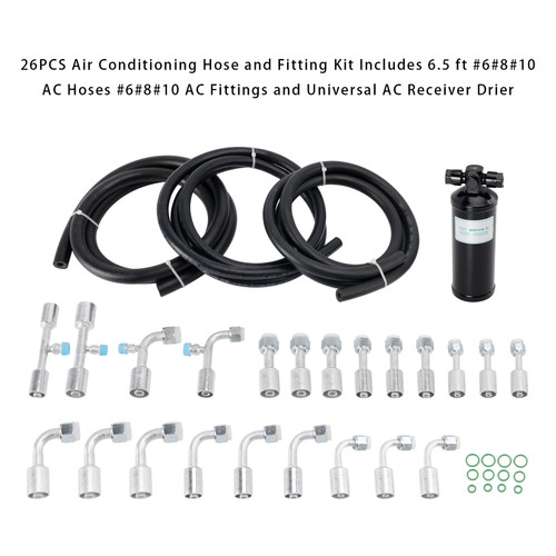 26PCS Air Conditioning Hose and Fitting Kit Includes 6.5 ft #6#8#10 AC Hoses #6#8#10 AC Fittings and Universal AC Receiver Drier