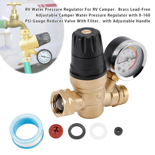 RV Water Pressure Regulator For RV Camper. Brass Lead-Free Adjustable Camper Water Pressure Regulator with 0-160 PSI Gauge Reducer Valve W Filter