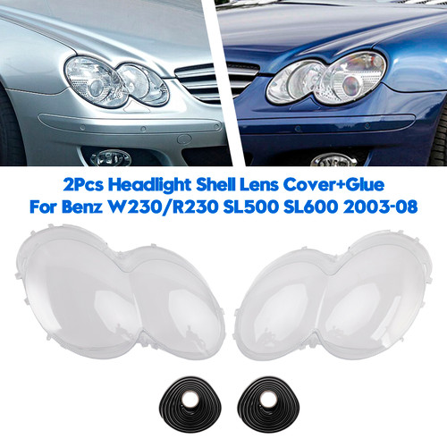 2003-2008 Mercedes Benz W230/R230 SL500 SL600 2Pcs Headlight Shell Lens Cover+Glue Generic