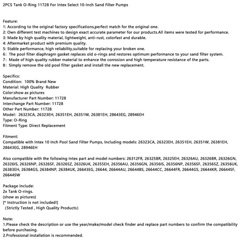 2PCS Tank O-Ring 11728 For Intex Select 10-Inch Sand Filter Pumps