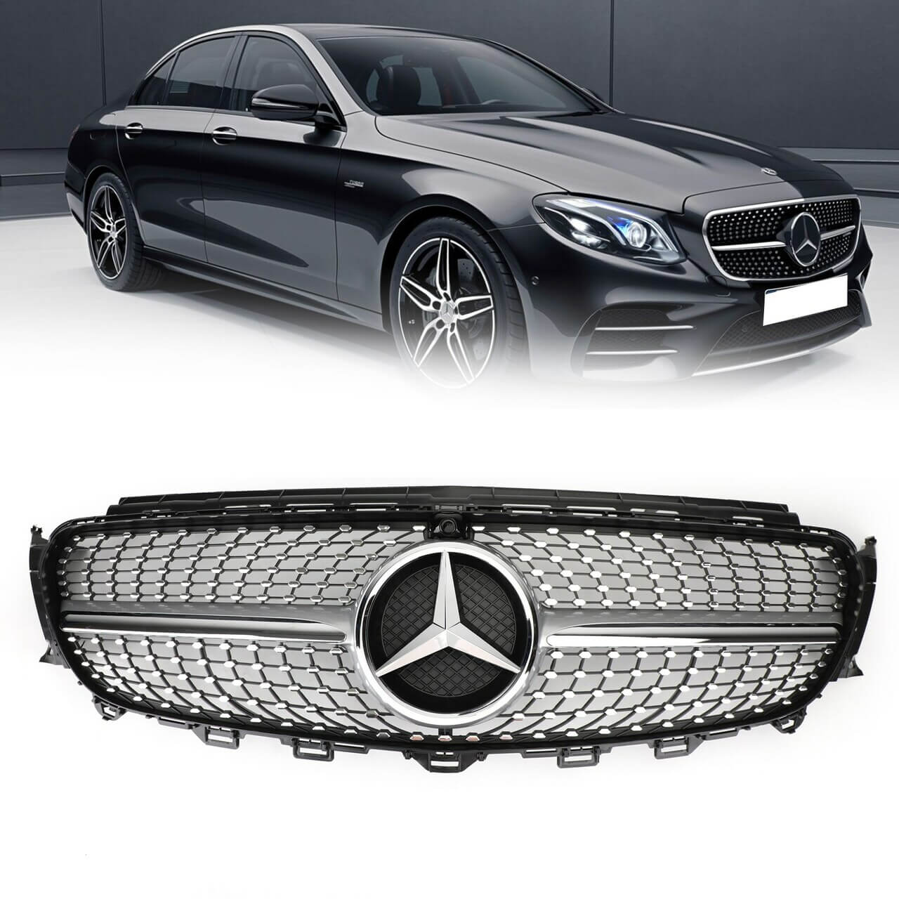 Border Front Grille Grill Fit For Mercedes-Benz E200 E250 Sedan 17-19 E400 and AMG E43 Sedan 17-18