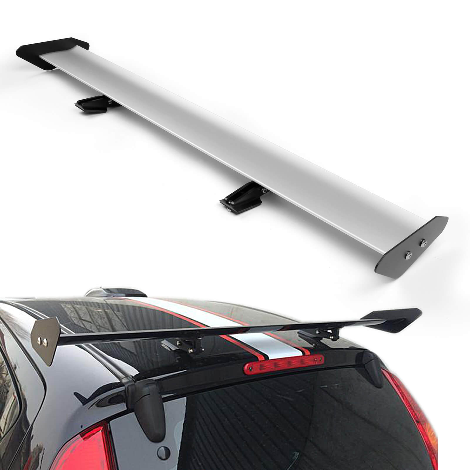 Universal Hatch Adjustable Aluminum GT Rear Trunk Wing Racing Spoiler, Silver