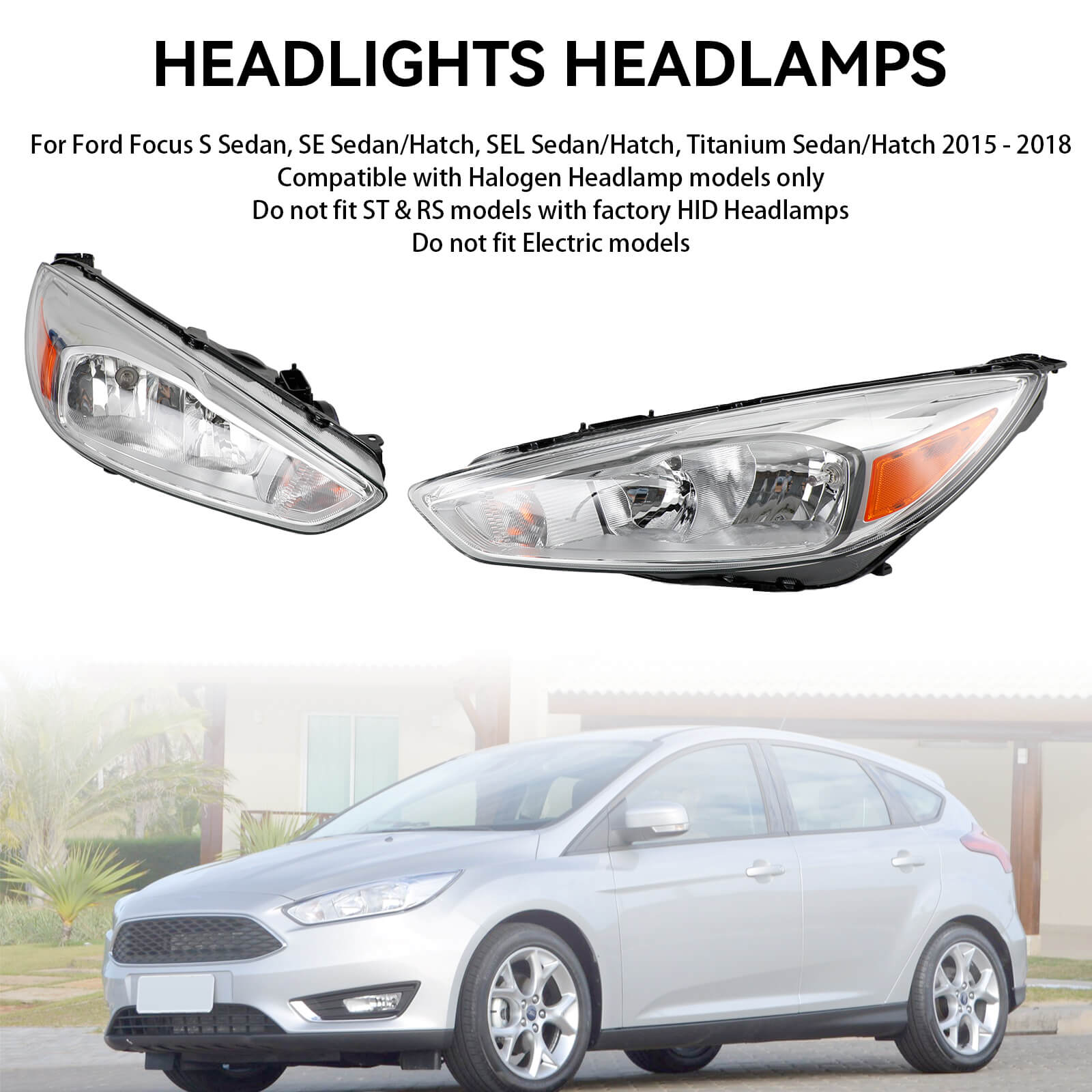 Ford Focus 2015-2018 Left+Right Projector Headlights Headlamps