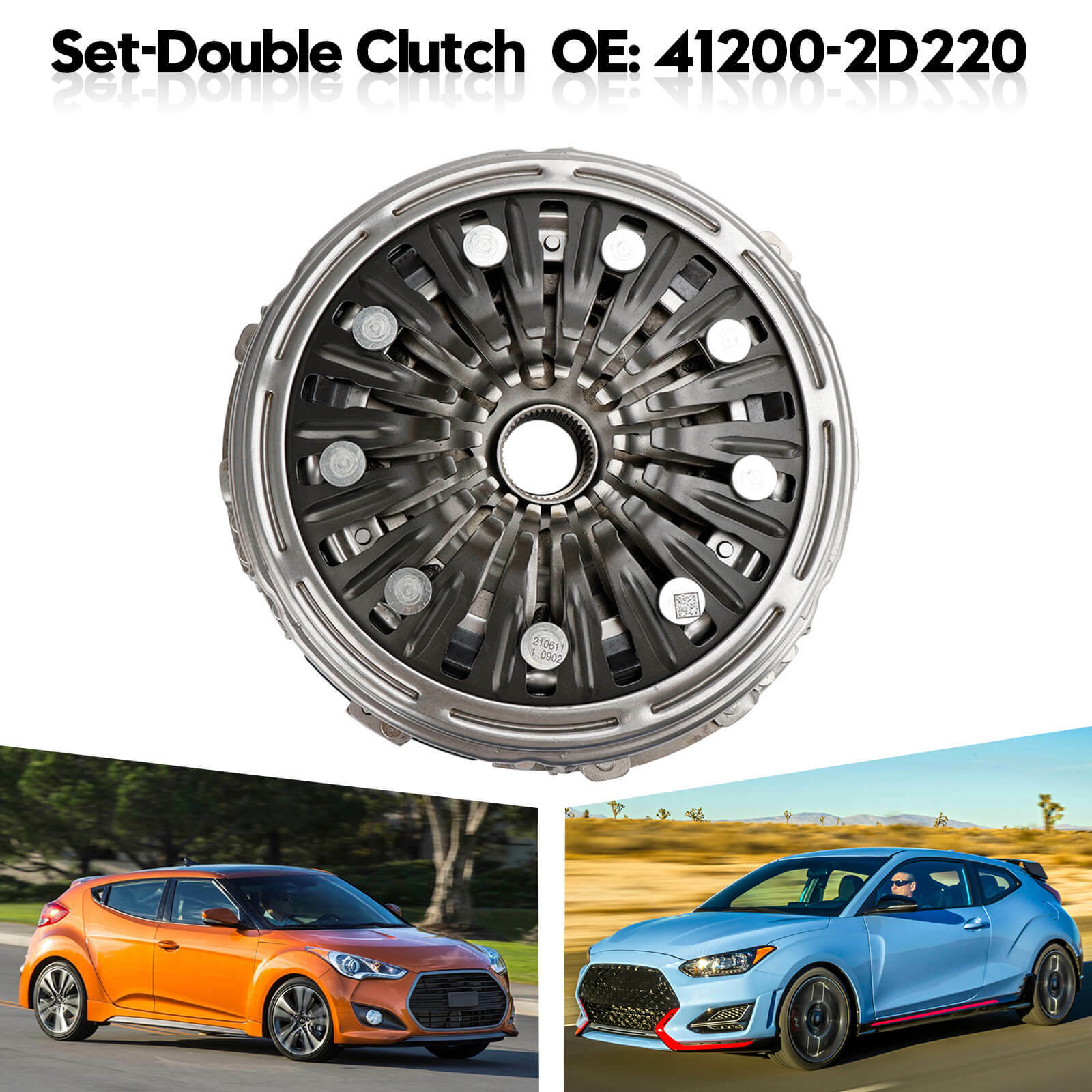 thumbnail interactive-video image 1 of Automober Double Clutch Set – OEM 41200-2D220 – Fits Hyundai Veloster, Kona, Tucson, Sonata & Kia Forte, Soul 1 of 4