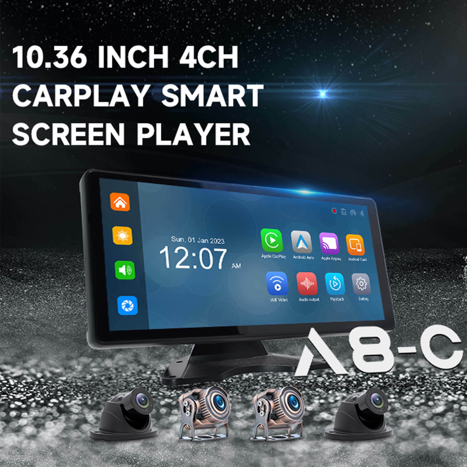 10.36 inch 1600*720 IPS Quantum Screen Touch for RV Truck Bus + 4 Backup Camera NTSC system