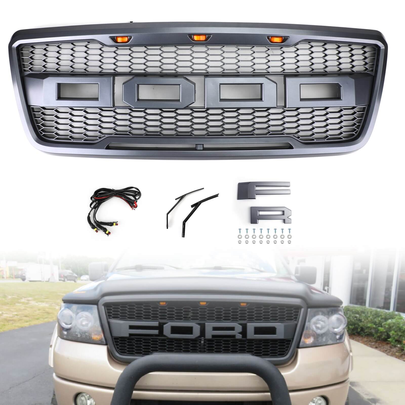 Front Mesh Hood Grille Raptor Style With LED Fit For Ford F150 2004-2008