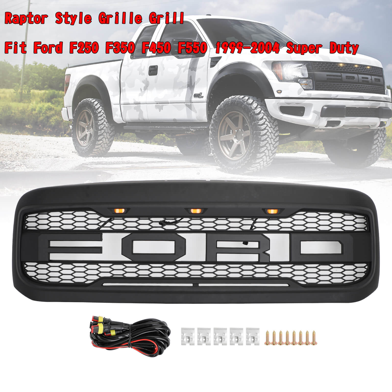 FO1200362 Raptor Style Grille Grill Fit for Ford F250 F350 F450 F550 1999-2004 Excursion 2000-2004 Super Duty