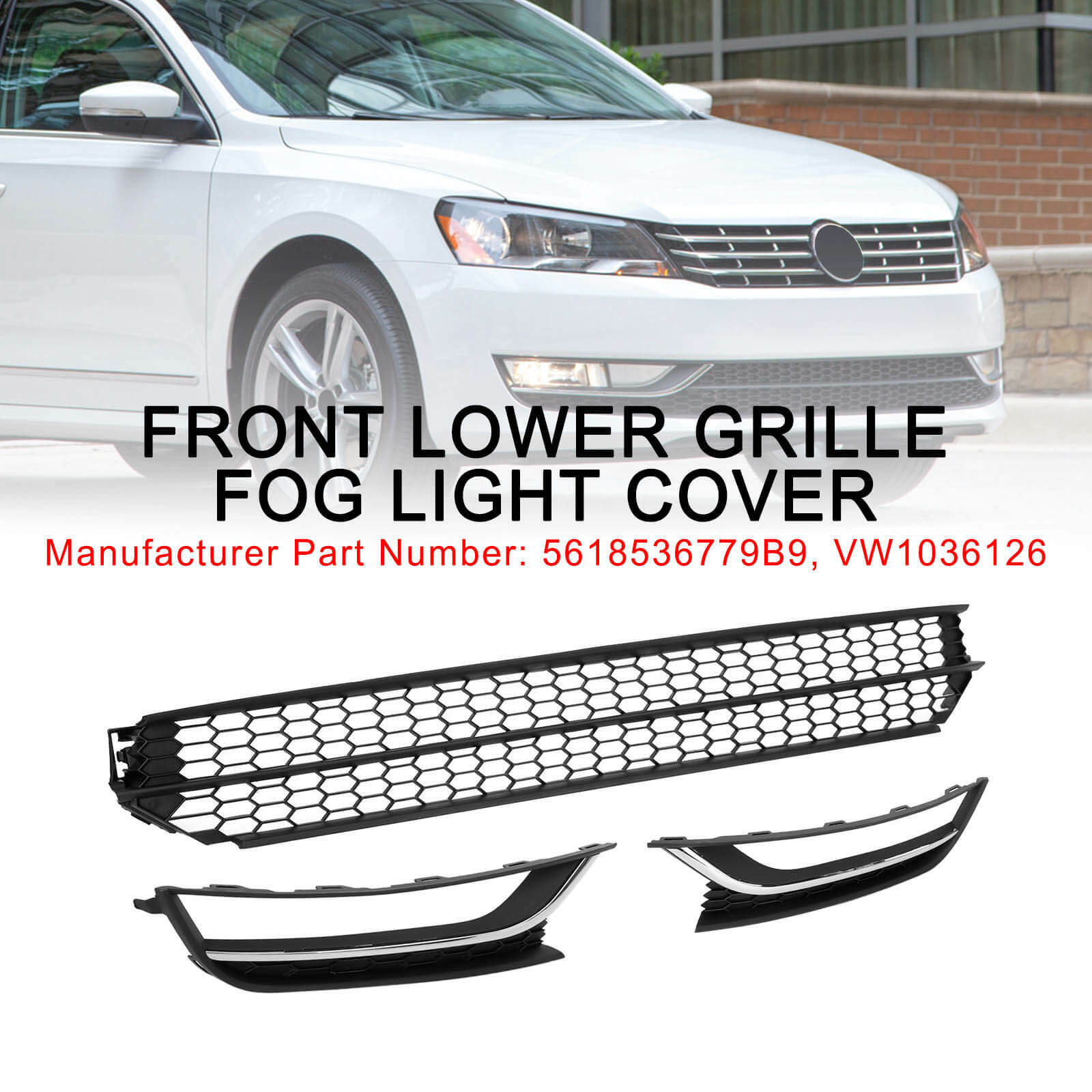 12-15 Volkswagen Passat Front Lower Grille Grill Fog Light Cover Black & Chrome