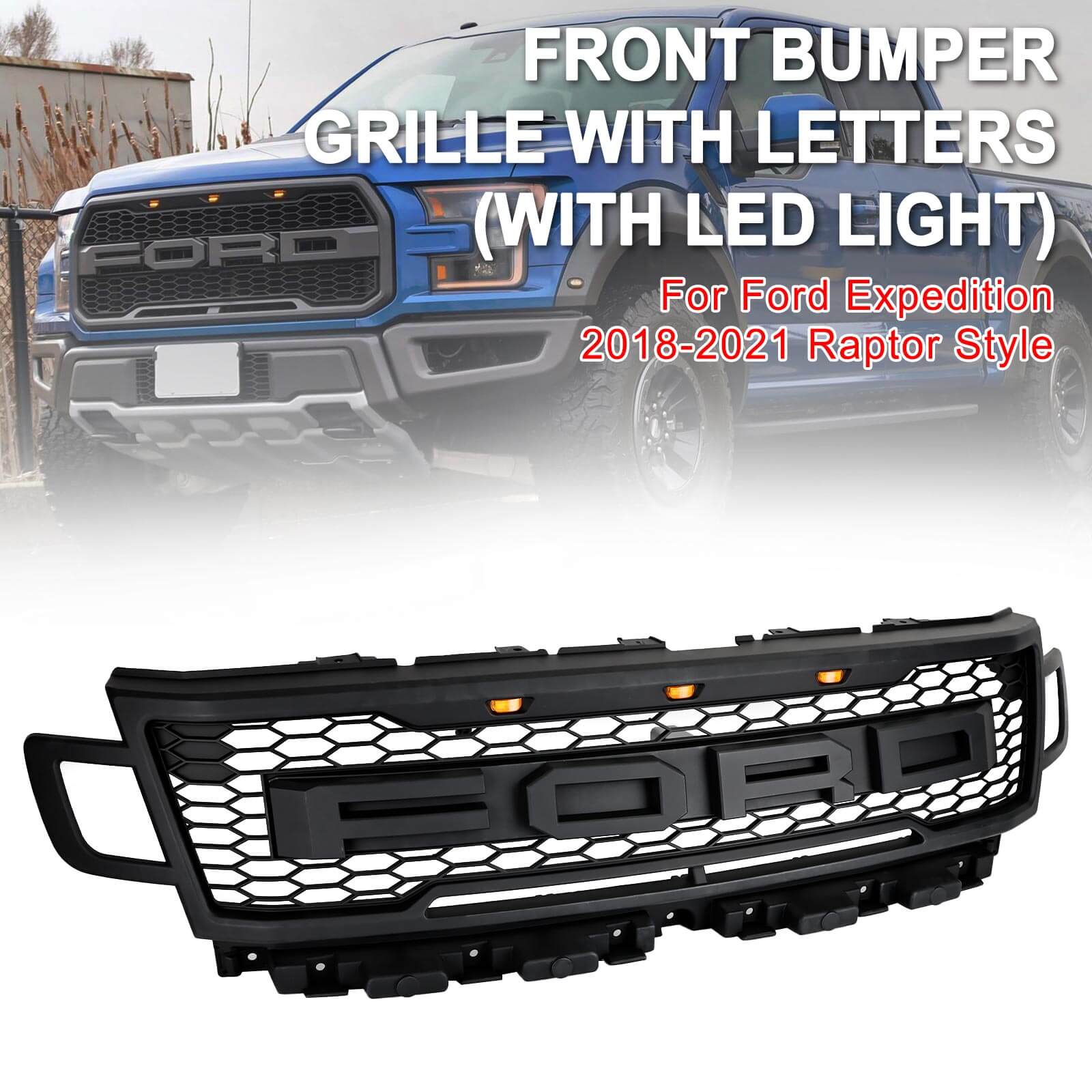 Front Bumper Grill Grille Fit Ford Expedition 2018-2021 Raptor Style W/LED