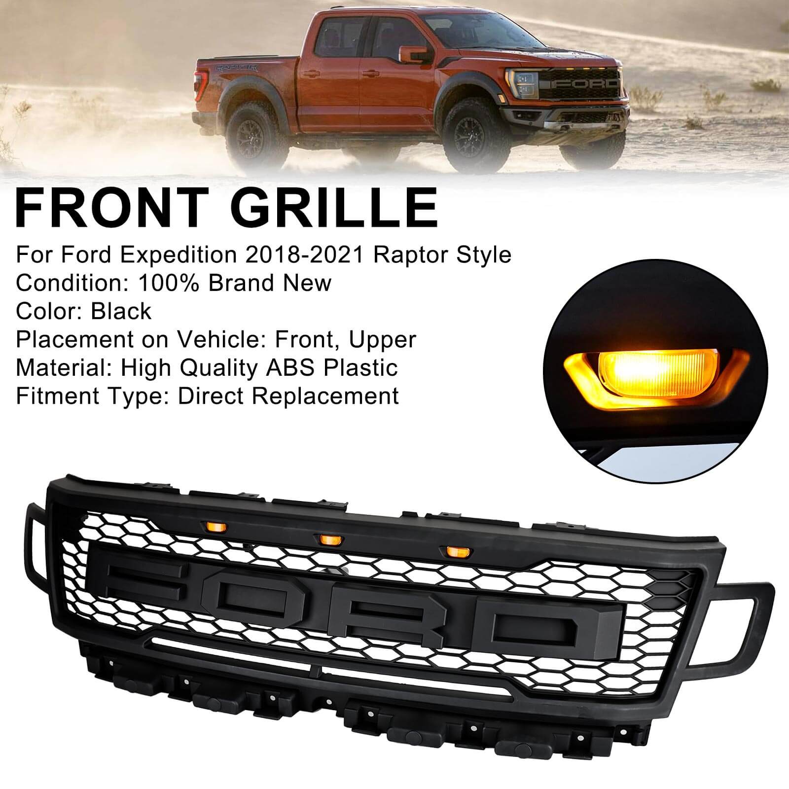 Front Bumper Grill Grille Fit Ford Expedition 2018-2021 Raptor Style W/LED