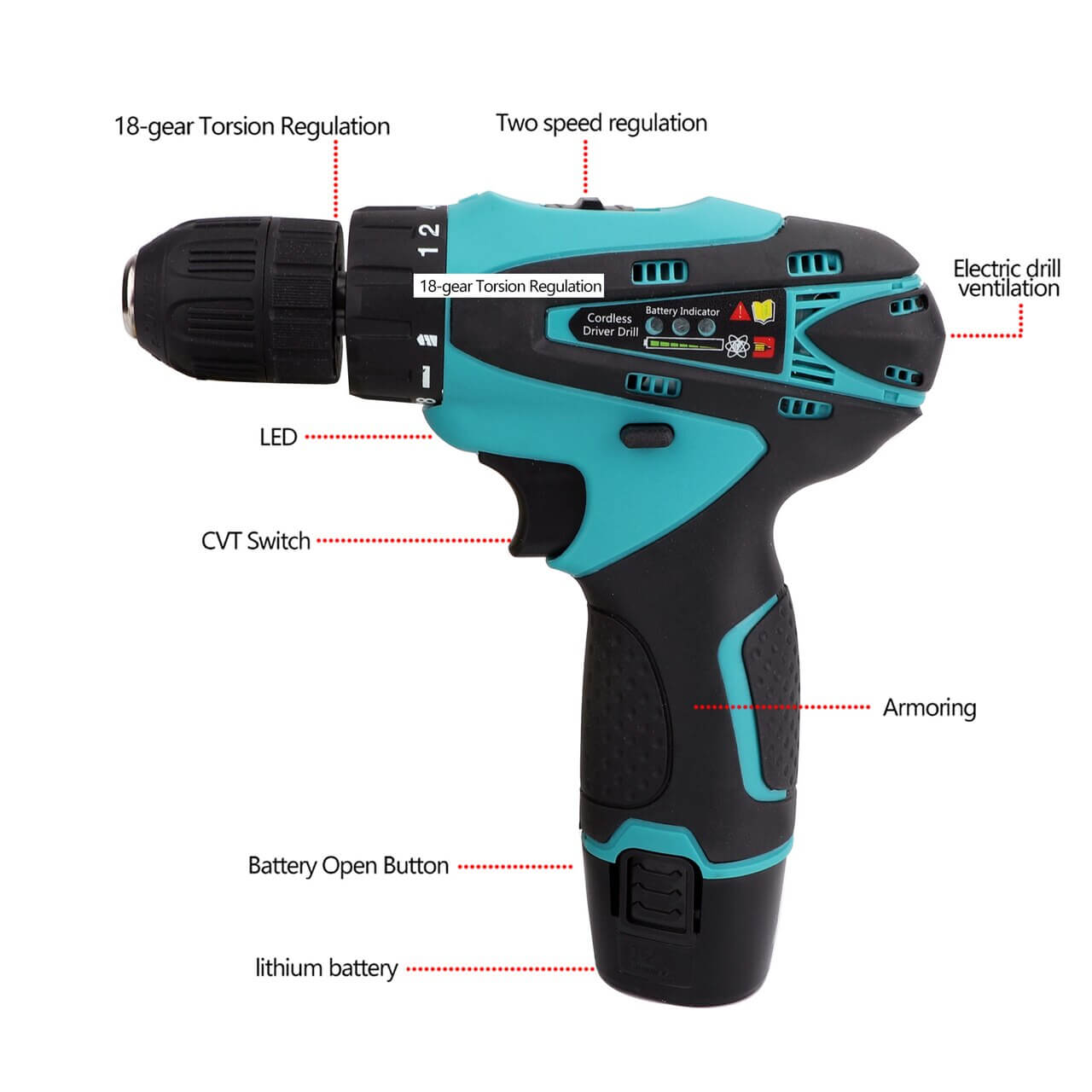 12V 32N.m 2-Speed Electric Lithium-Ion Battery Cordless Drill Mini Drill Blue