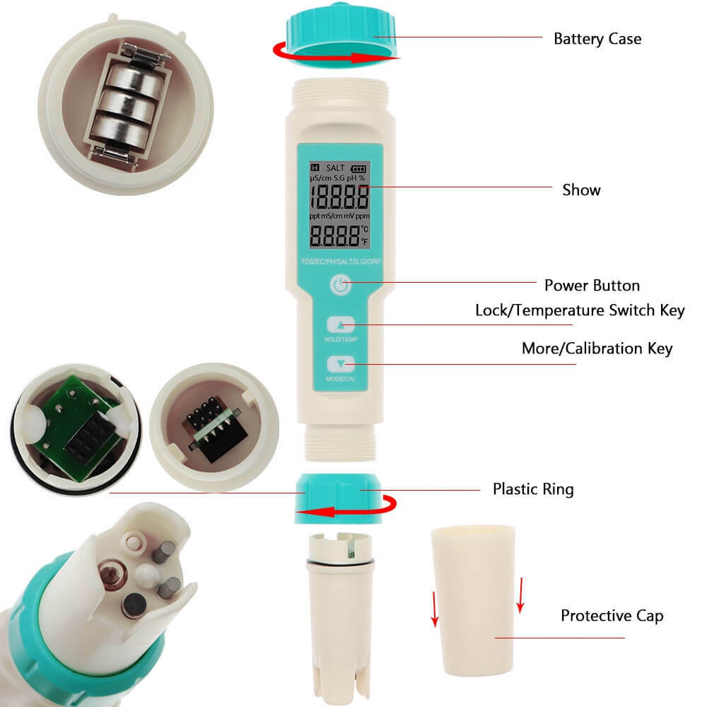 7 In 1 Digital Salinity PH TDS TEMP SG EC ORP Tester Water Quality Monitor Meter