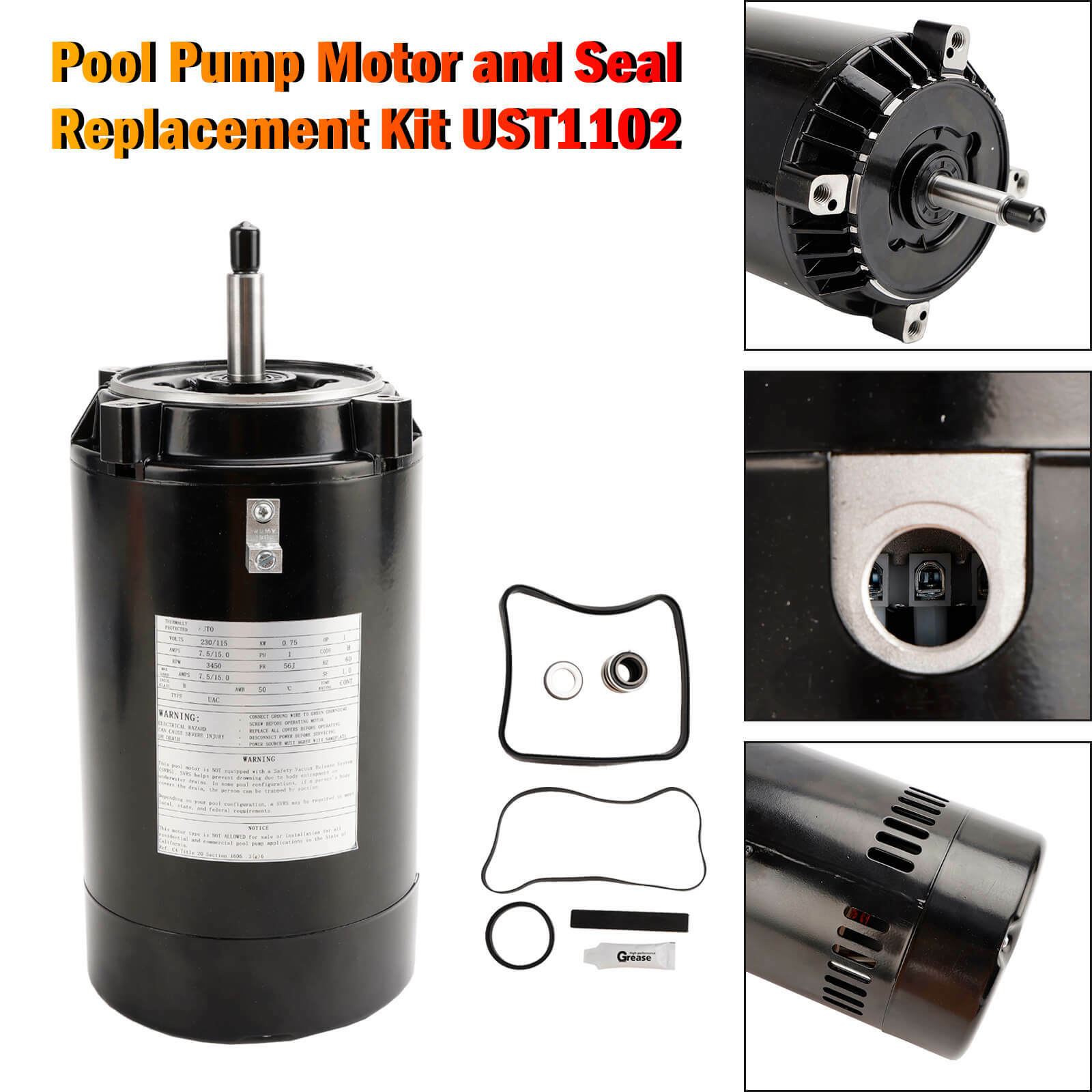 Pool Pump Motor and Seal Replacement Kit UST1102 For Hayward Max Flow,Super Pump