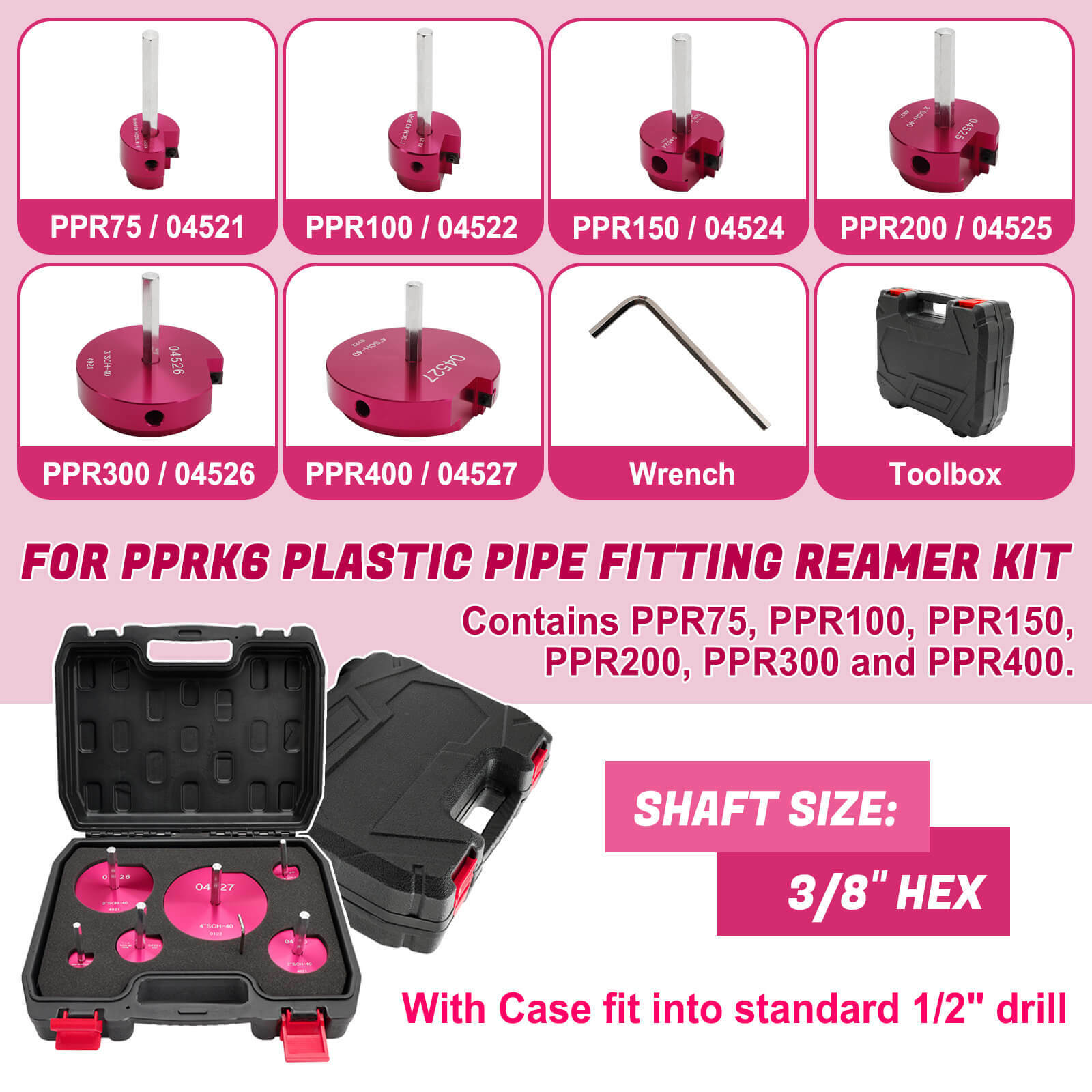 6 Piece 04529 For PPRK6 Plastic Pipe Fitting Reamer Kit For1/2" Drills