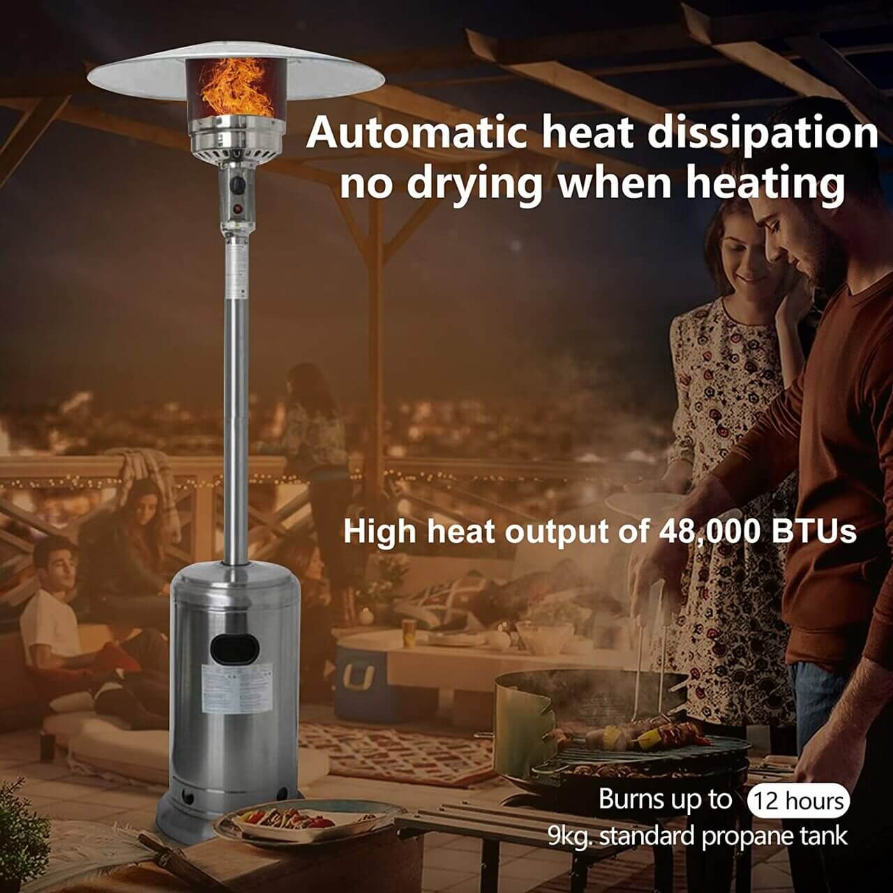 Patio Heater 48000 BTU Stainless Steel Outdoor Floor Standing with Wheels