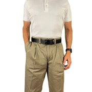 Man wearing CCW Breakaways concealed carry TAN KHAKI pants hand in his pocket for a pre-staged gun draw with a full-gun-grip in concealment for fast gun draw. Man wearing CCW Breakaways concealed carry TAN KHAKI pants hand in his pocket for a pre-staged gun draw with a full-gun-grip in concealment for fast gun draw.